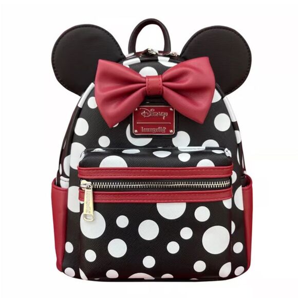 NWT LoungeflyBlack Red Leather Disney Minnie Polka Dot Mini Backpack